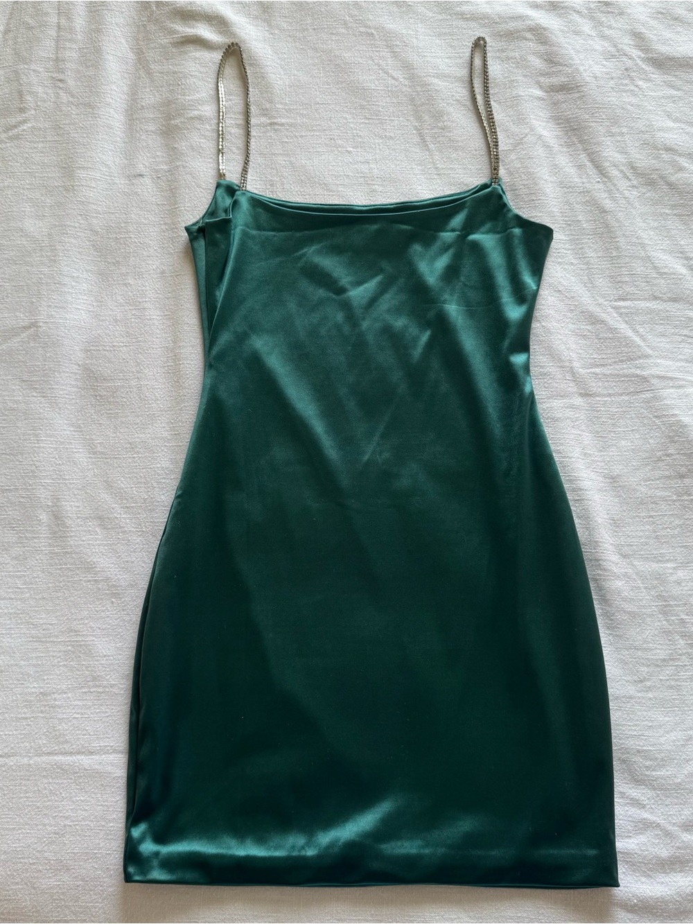 Meshki Emerald Satin Slip Dress with Rhinestone Straps - Picture 3 of 4